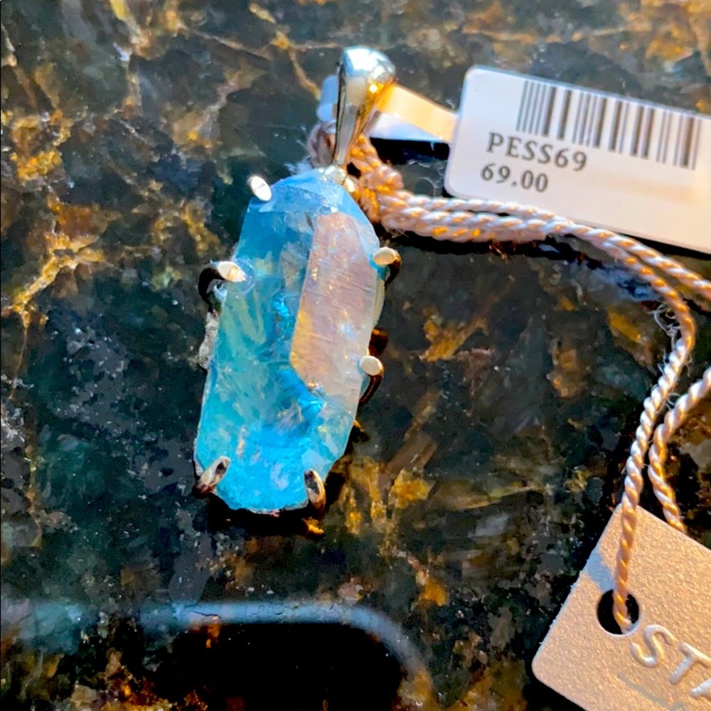 Aqua Aura Quartz Pendant Rhodium Plated